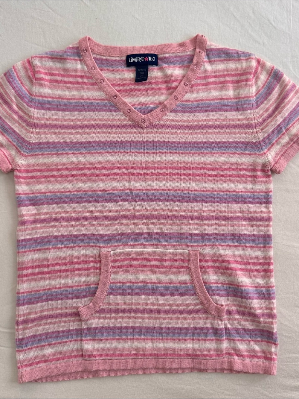 Y2K Limited Too Pink and purple striped baby tee with pocket & beaded detail